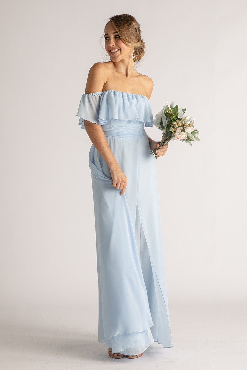 Isabelle Off Shoulder Flowy Bridesmaids Dress in Powder Blue