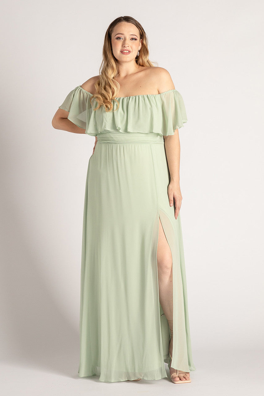 Isabelle Off Shoulder Flowy Bridesmaids Dress in Sage Green