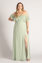 Isabelle Off Shoulder Flowy Bridesmaids Dress in Sage Green