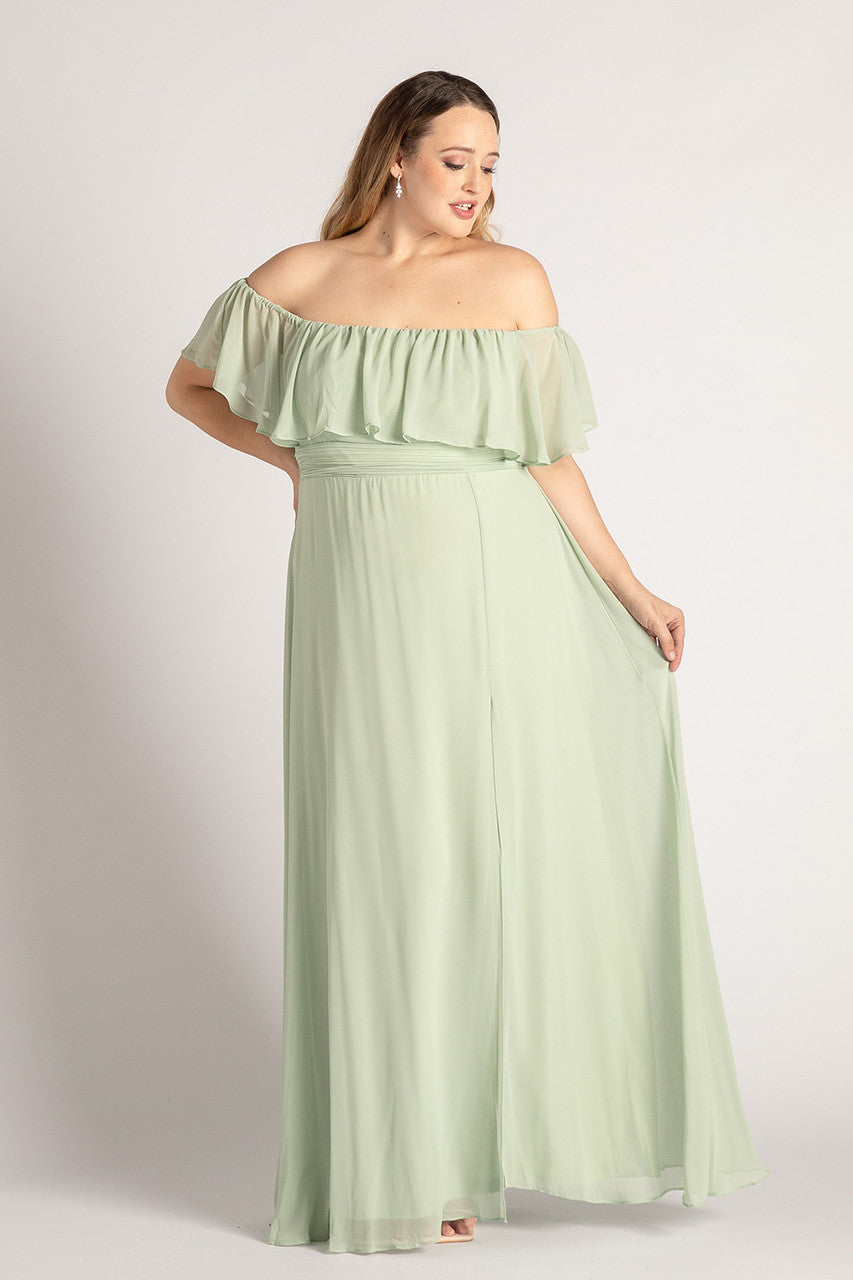 Isabelle Off Shoulder Flowy Bridesmaids Dress in Sage Green