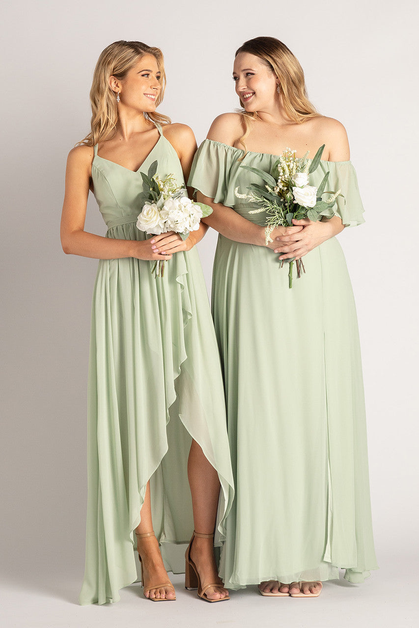 Isabelle Off Shoulder Flowy Bridesmaids Dress in Sage Green