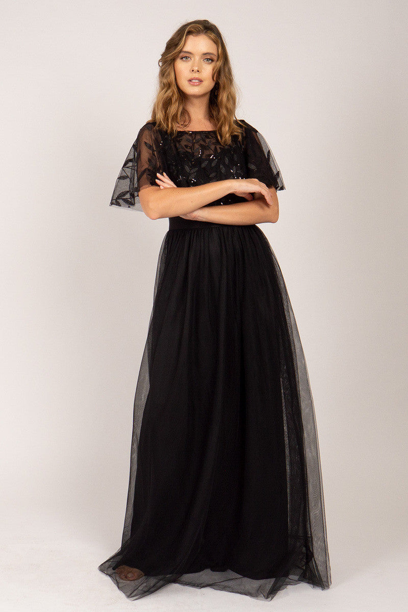 Kailyn Short Sleeved Tulle Sequins Formal Dress in Black