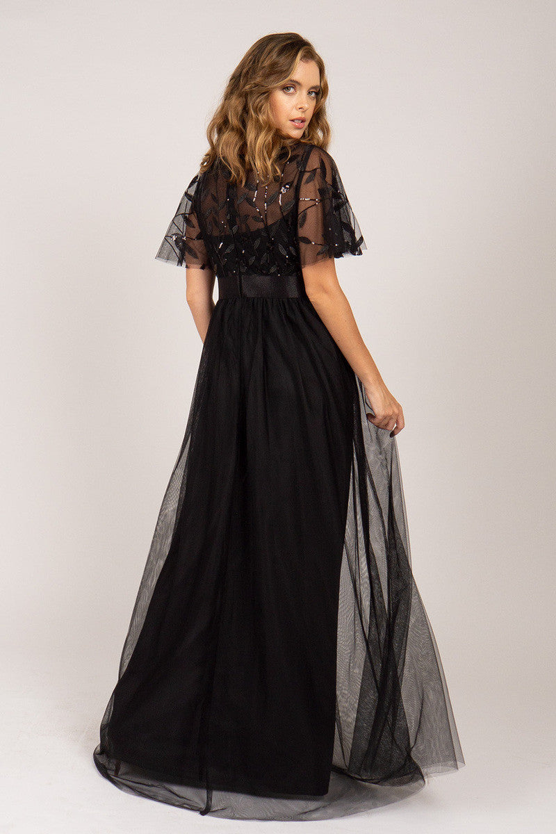 Kailyn Short Sleeved Tulle Sequins Formal Dress in Black