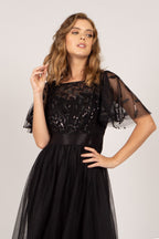 Kailyn Short Sleeved Tulle Sequins Formal Dress in Black