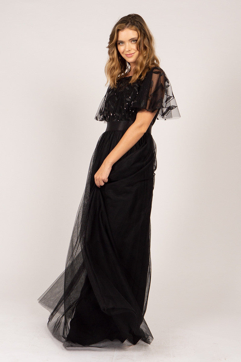 Kailyn Short Sleeved Tulle Sequins Formal Dress in Black