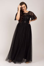 Kailyn Short Sleeved Tulle Sequins Formal Dress in Black