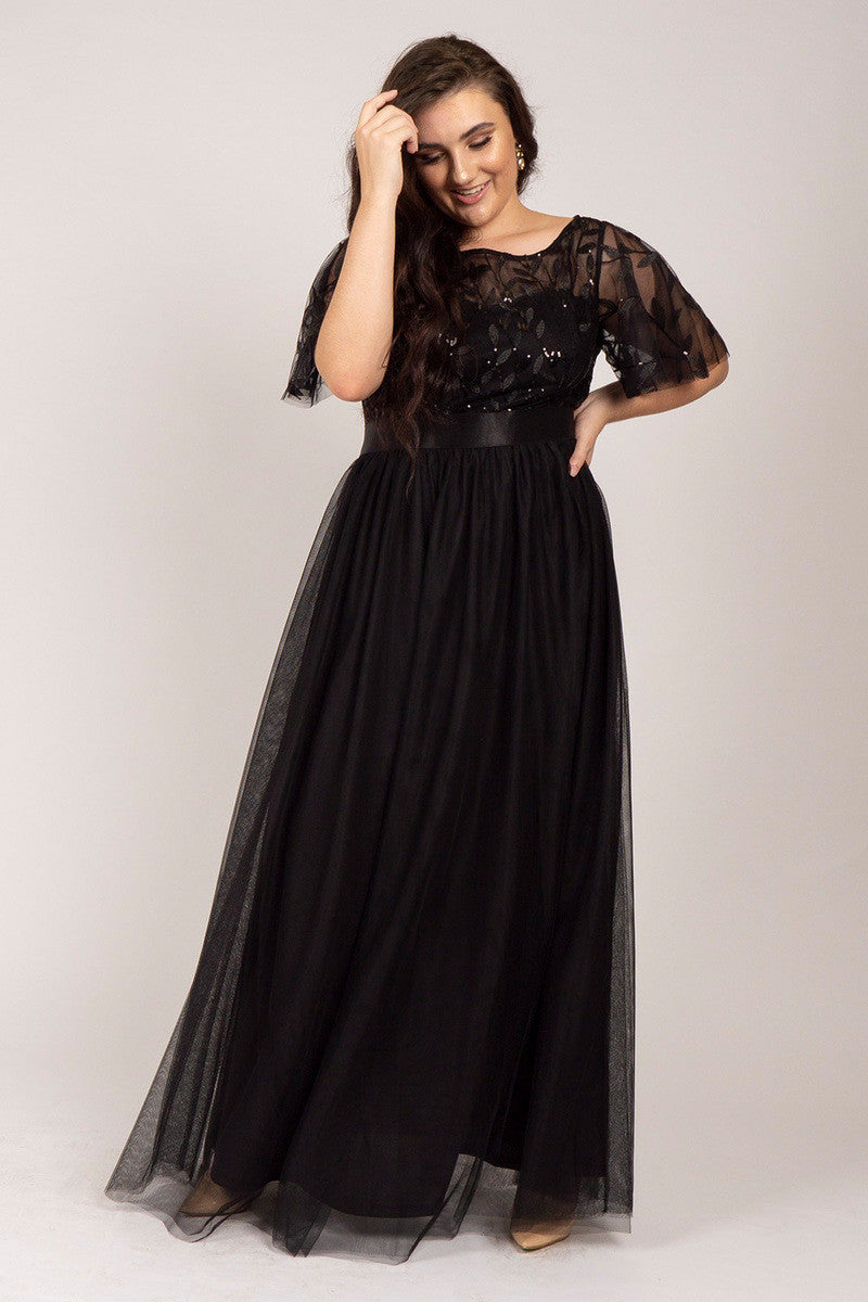 Kailyn Short Sleeved Tulle Sequins Formal Dress in Black