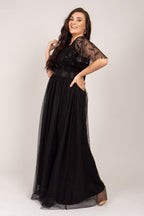 Kailyn Short Sleeved Tulle Sequins Formal Dress in Black