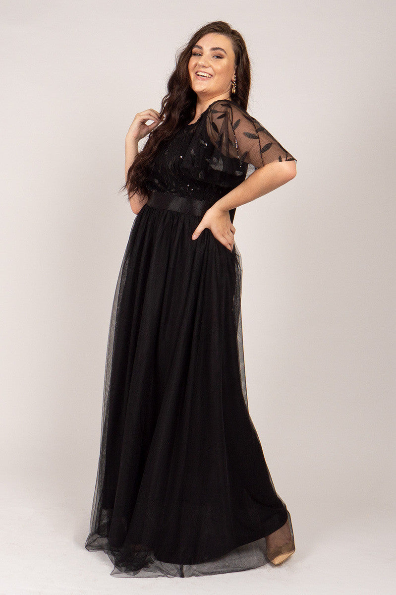 Kailyn Short Sleeved Tulle Sequins Formal Dress in Black