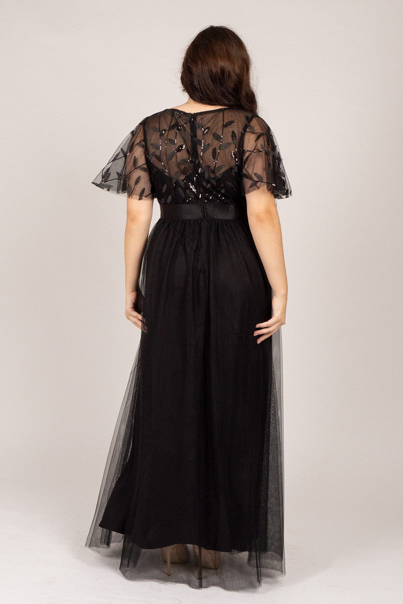 Kailyn Short Sleeved Tulle Sequins Formal Dress in Black