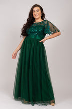 Kailyn Short Sleeved Tulle Sequins Formal Dress in Emerald Green