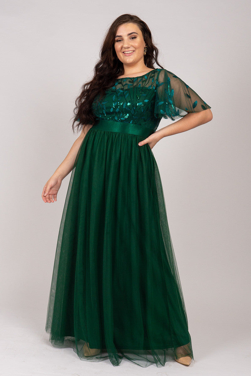 Kailyn Short Sleeved Tulle Sequins Formal Dress in Emerald Green