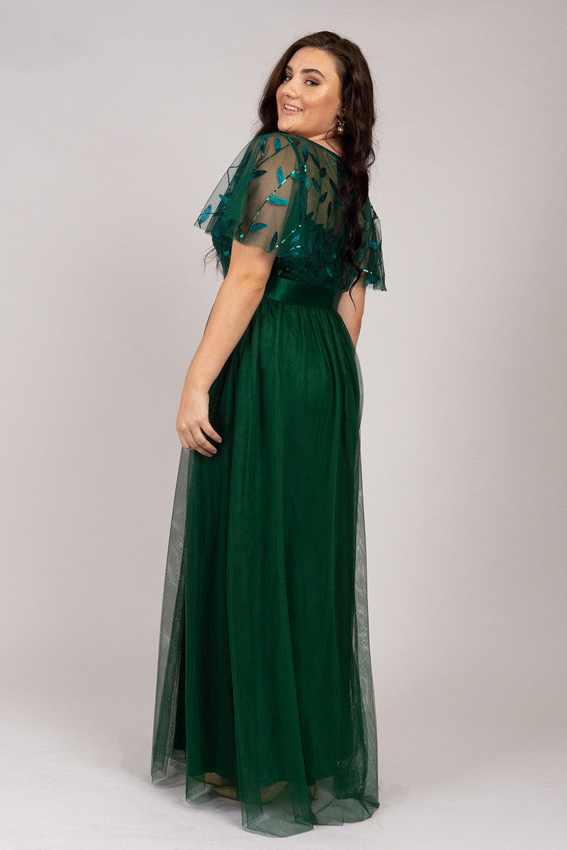 Kailyn Short Sleeved Tulle Sequins Formal Dress in Emerald Green