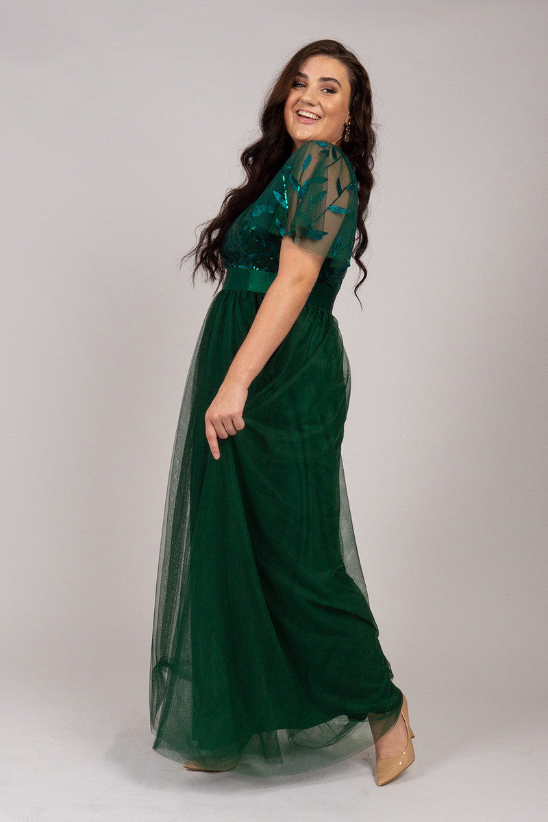 Kailyn Short Sleeved Tulle Sequins Formal Dress in Emerald Green