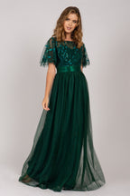 Kailyn Short Sleeved Tulle Sequins Formal Dress in Emerald Green