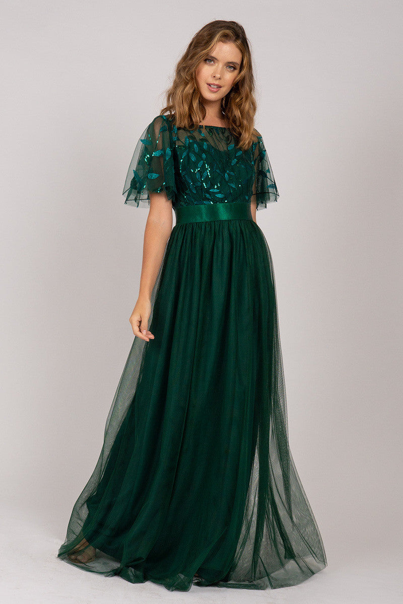 Kailyn Short Sleeved Tulle Sequins Formal Dress in Emerald Green
