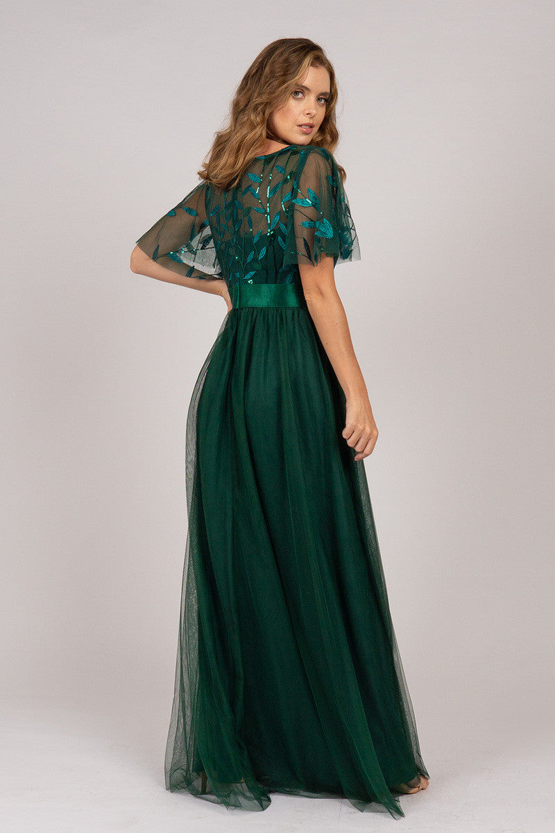 Kailyn Short Sleeved Tulle Sequins Formal Dress in Emerald Green