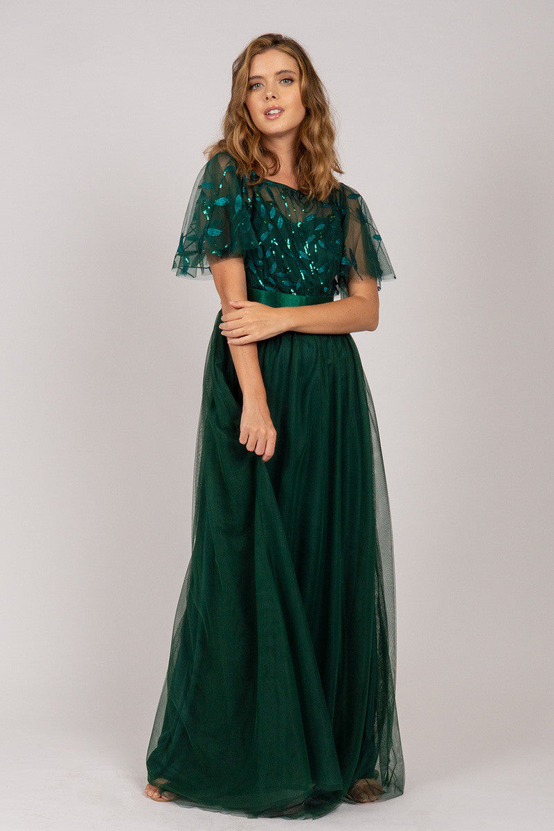 Kailyn Short Sleeved Tulle Sequins Formal Dress in Emerald Green
