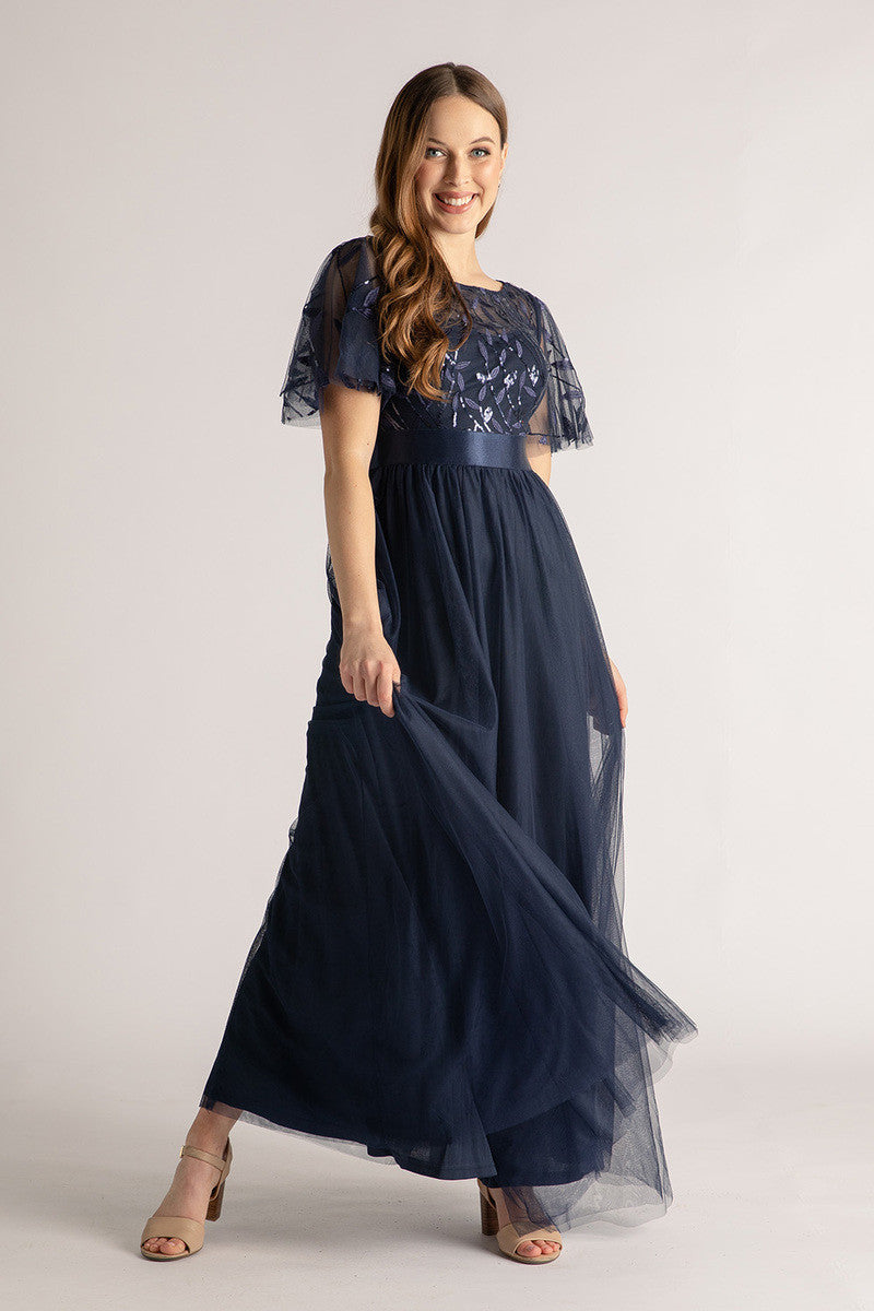 Kailyn Short Sleeved Tulle Sequins Formal Dress in Navy