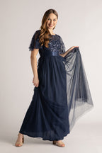 Kailyn Short Sleeved Tulle Sequins Formal Dress in Navy