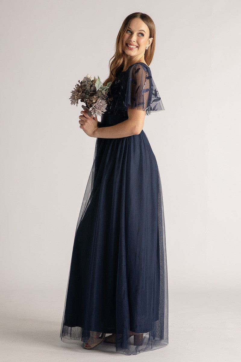 Kailyn Short Sleeved Tulle Sequins Formal Dress in Navy