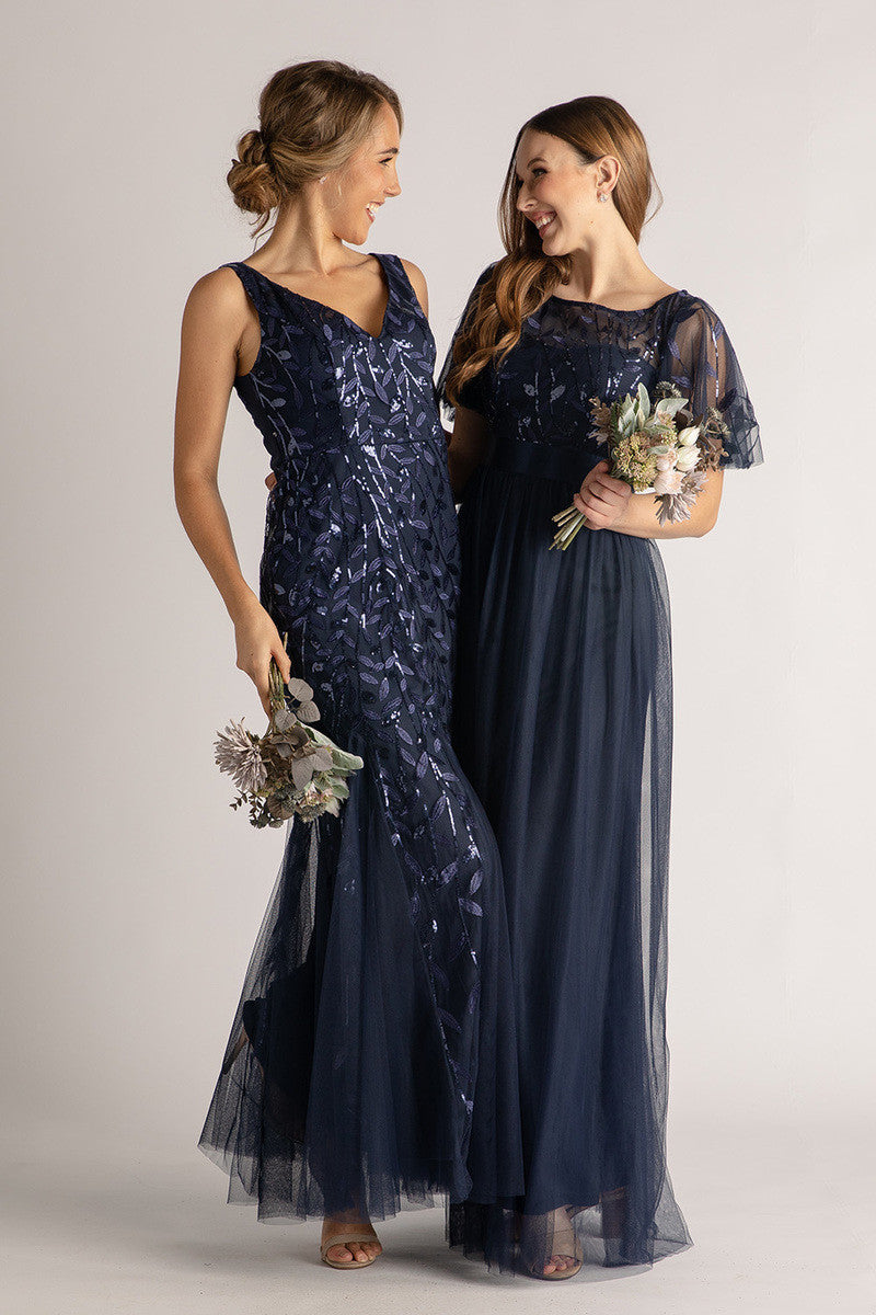 Kailyn Short Sleeved Tulle Sequins Formal Dress in Navy