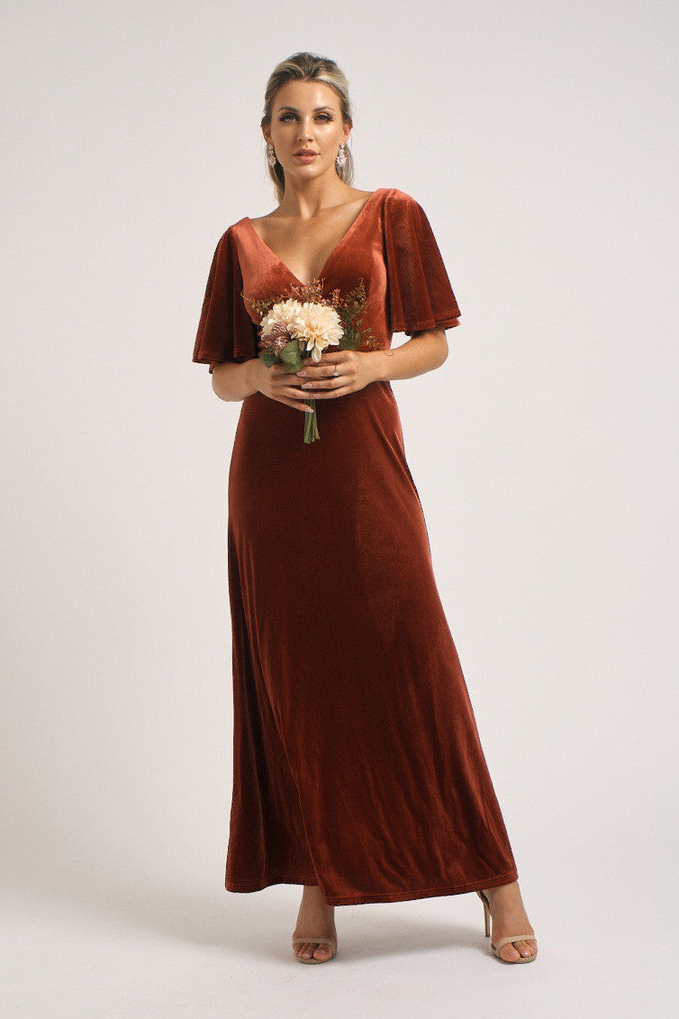 Karla Velvet V Neck Bridesmaid Dress in Copper