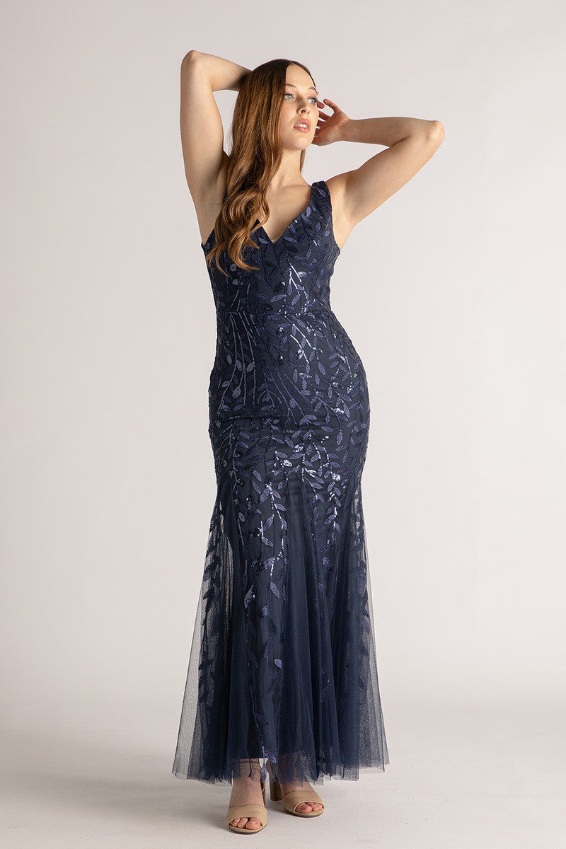 Kimora Sleeveless Sequins Tulle Mermaid Formal Dress in Navy