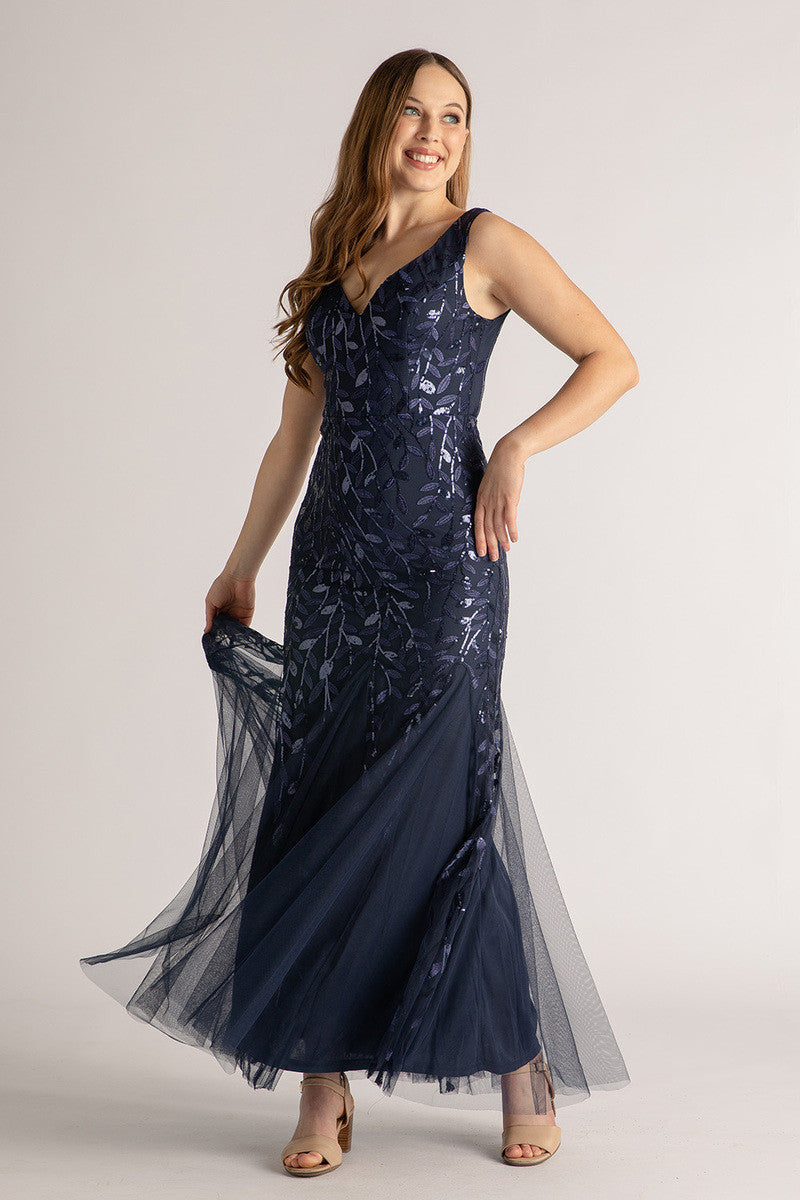 Kimora Sleeveless Sequins Tulle Mermaid Formal Dress in Navy