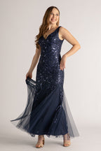 Kimora Sleeveless Sequins Tulle Mermaid Formal Dress in Navy