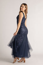 Kimora Sleeveless Sequins Tulle Mermaid Formal Dress in Navy