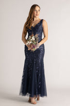Kimora Sleeveless Sequins Tulle Mermaid Formal Dress in Navy