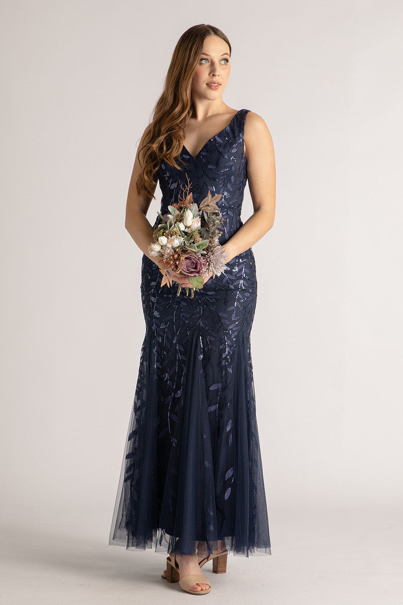 Kimora Sleeveless Sequins Tulle Mermaid Formal Dress in Navy
