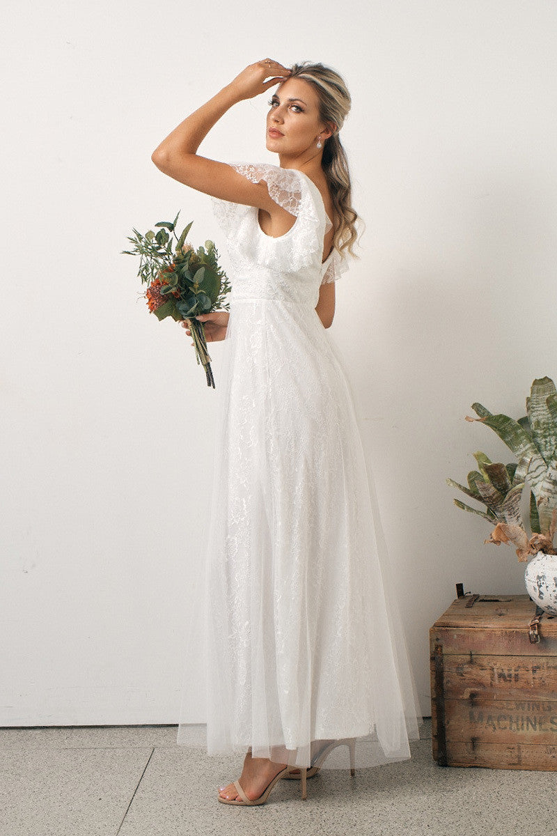 Louise Lace Sleeved Boho Wedding Dress in white