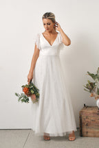 Louise Lace Sleeved Boho Wedding Dress in white