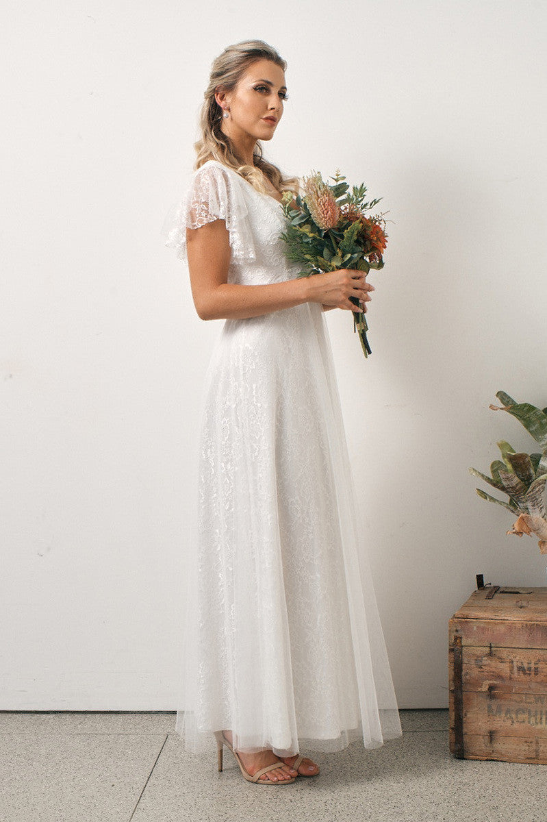 Louise Lace Sleeved Boho Wedding Dress in white