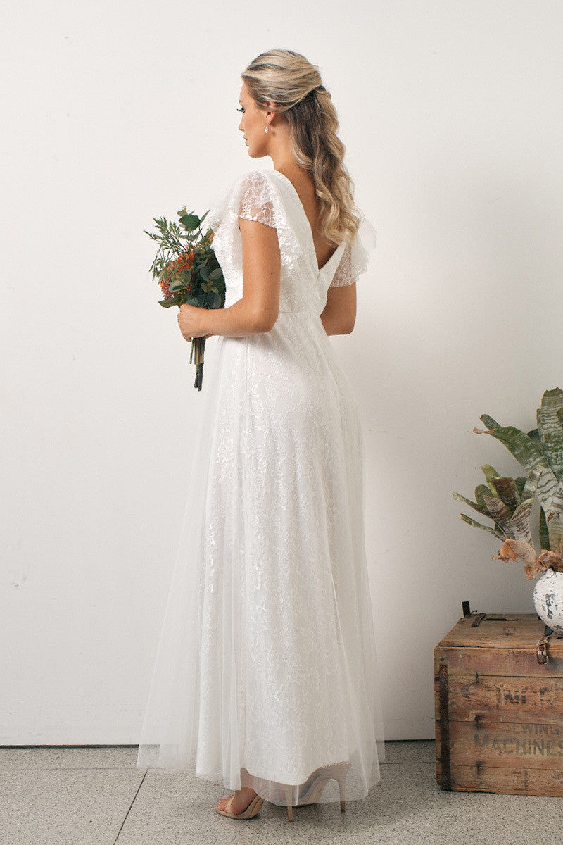 Louise Lace Sleeved Boho Wedding Dress in white