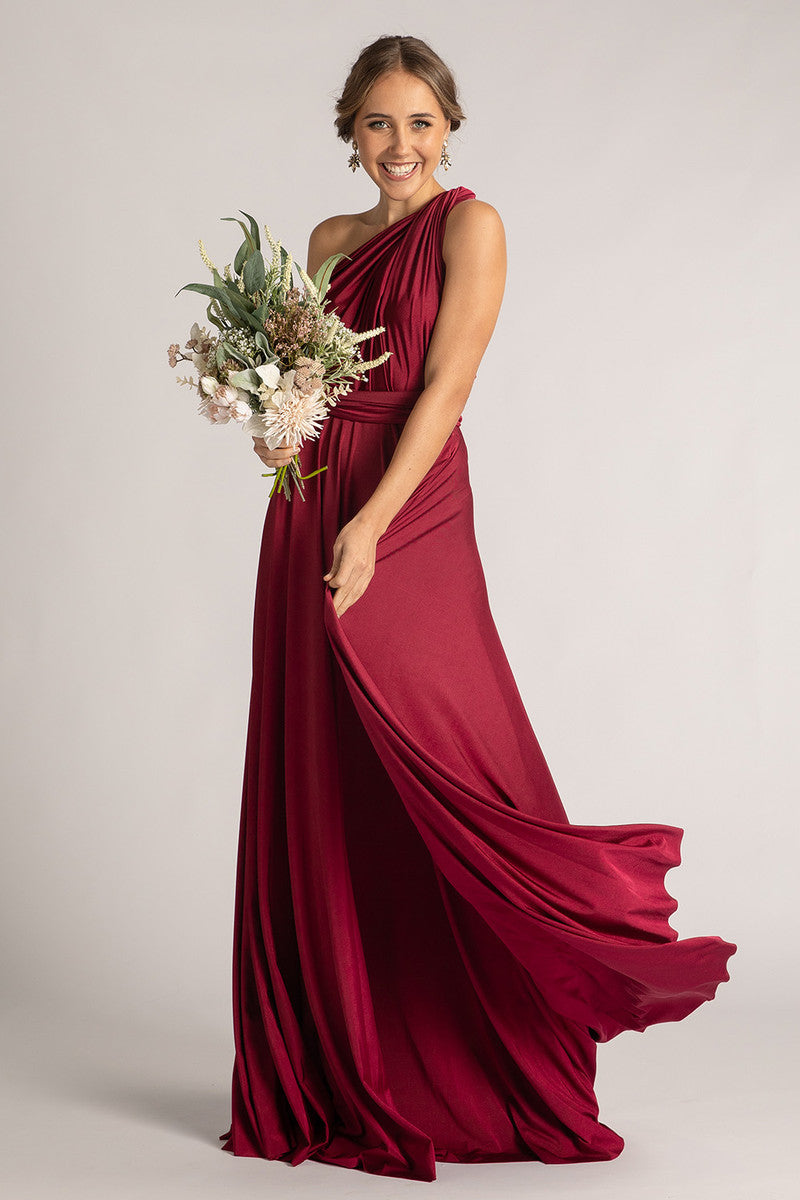 Luxe Satin Ballgown Multiway Infinity Dress in Burgundy
