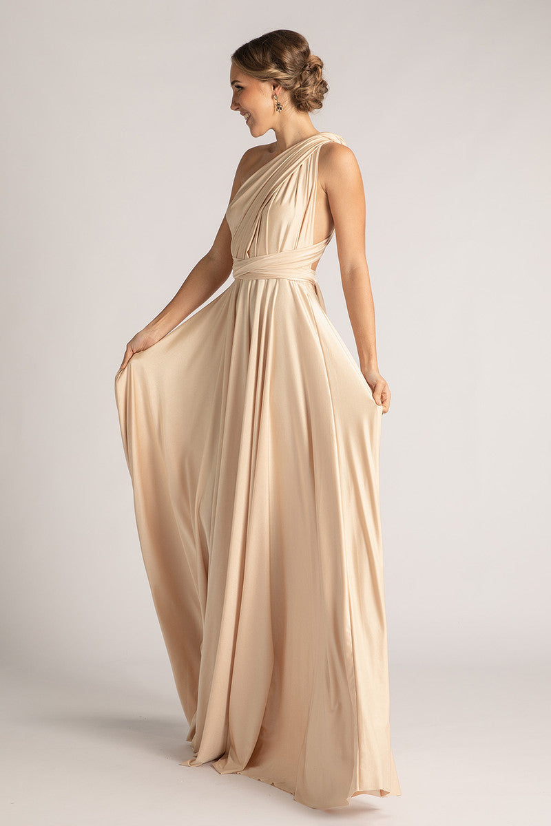 Luxe Satin Ballgown Multiway Infinity Dress in Champagne Model Chic Luxe Satin Ballgown Multiway Infinity Dress in Champagne Model Chic