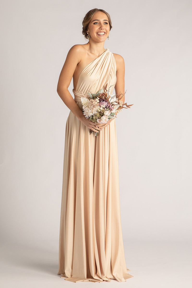 Luxe Satin Ballgown Multiway Infinity Dress in Champagne Model Chic Luxe Satin Ballgown Multiway Infinity Dress in Champagne Model Chic