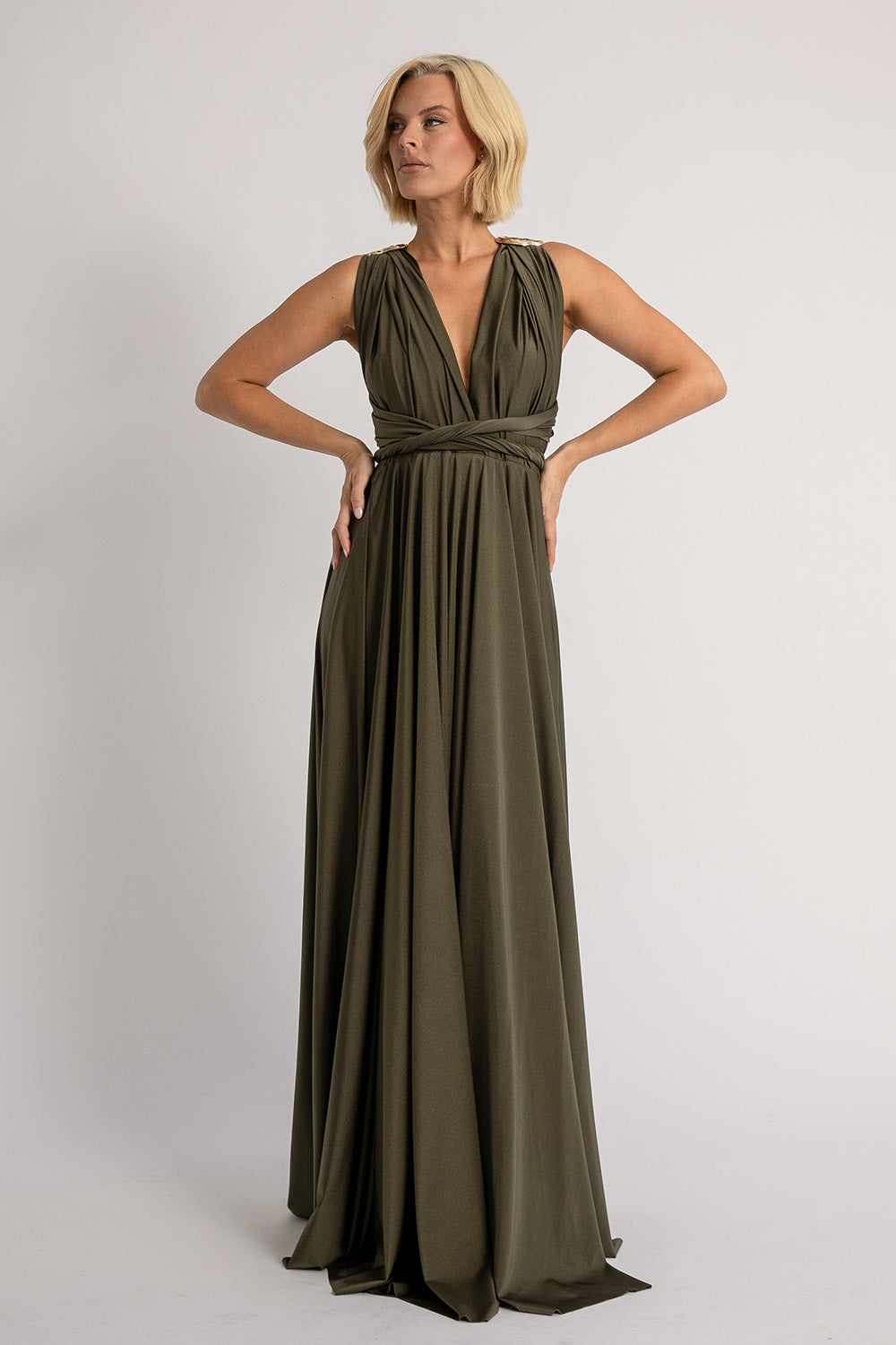 Luxe Satin Ballgown Multiway Infinity Dress in Dark Olive