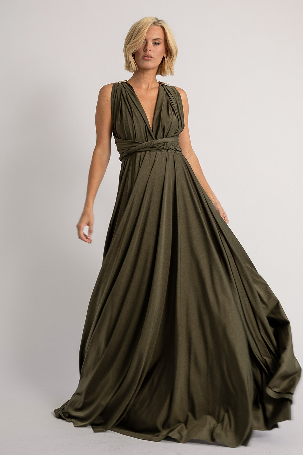 Luxe Satin Ballgown Multiway Infinity Dress in Dark Olive