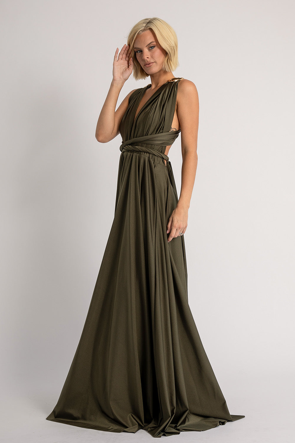Luxe Satin Ballgown Multiway Infinity Dress in Dark Olive