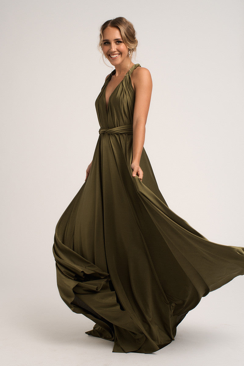 Luxe Satin Ballgown Multiway Infinity Dress in Olive Green