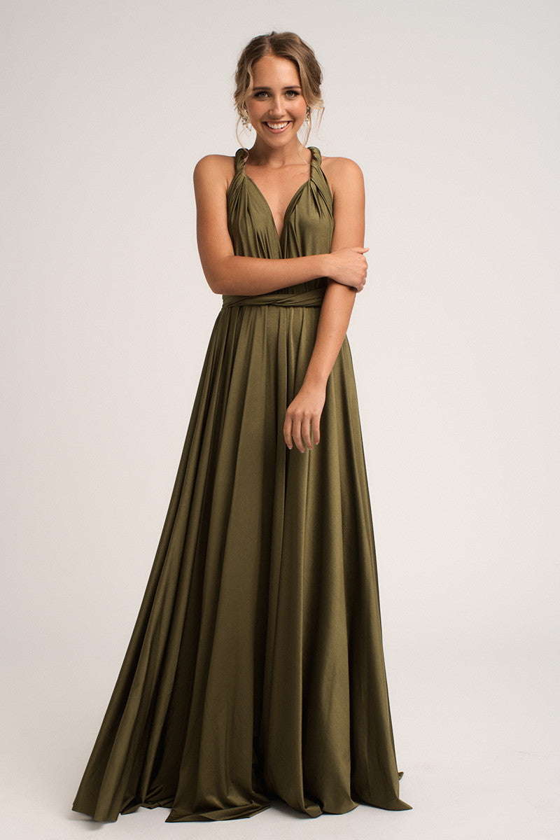 Luxe Satin Ballgown Multiway Infinity Dress in Olive Green