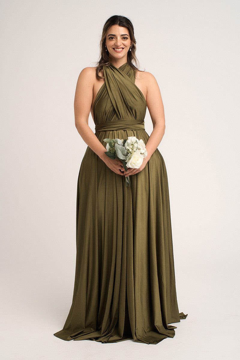 Luxe Satin Ballgown Multiway Infinity Dress in Olive Green