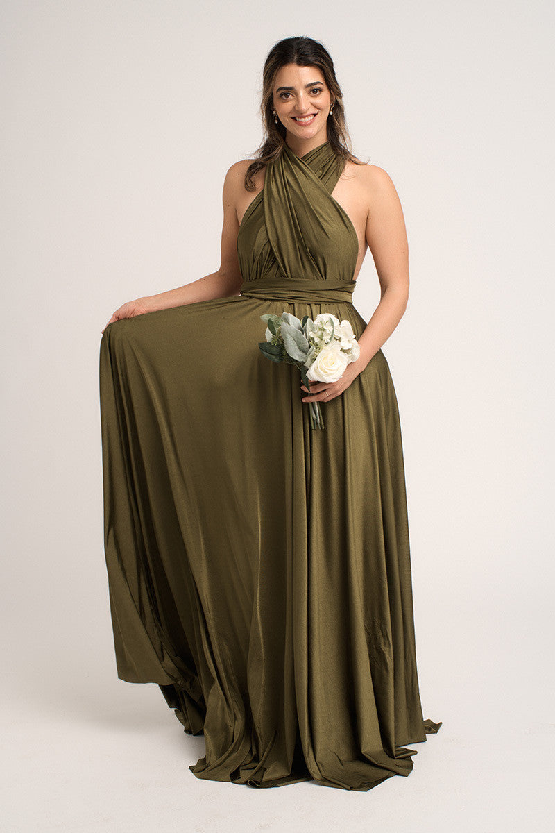Luxe Satin Ballgown Multiway Infinity Dress in Olive Green