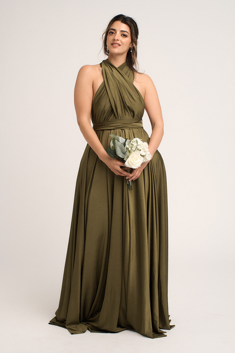 Luxe Satin Ballgown Multiway Infinity Dress in Olive Green