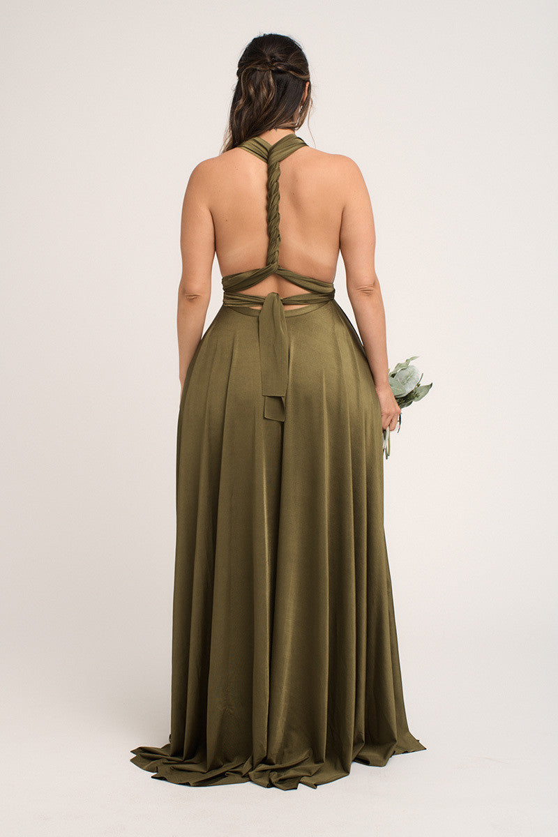 Luxe Satin Ballgown Multiway Infinity Dress in Olive Green