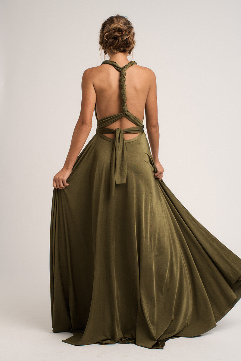 Luxe Satin Ballgown Multiway Infinity Dress in Olive Green